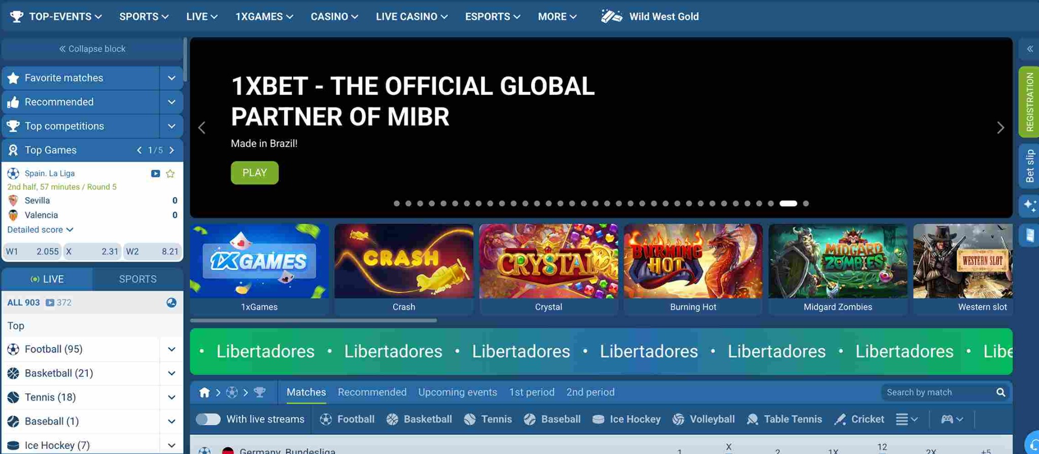 English-language 1xBet platform with sports betting, live events and online casino